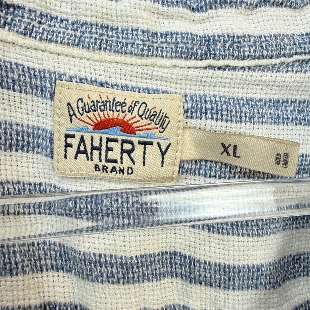 Faherty Palma Linen Shirt Mens XL Blue White Striped Short Sleeve Button Down - Picture 3 of 12